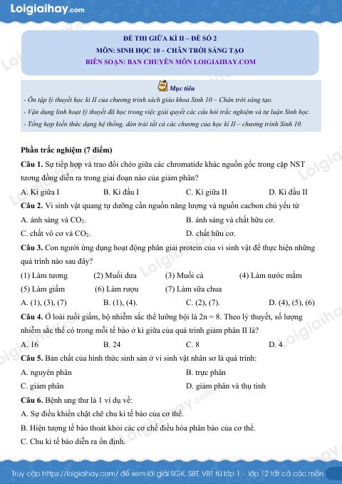 Đề thi giữa kì 2 Sinh 10 Chân trời sáng tạo - Đề số 2
